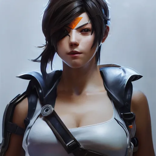 Image similar to a highly detailed portait of tracer from overwatch as nier automata cain, digital art, pretty face, muscular, very beautiful face, very detailed eyes, 8 k resolution, digital painting, by james gurney wlop, greg rutkowski, full body