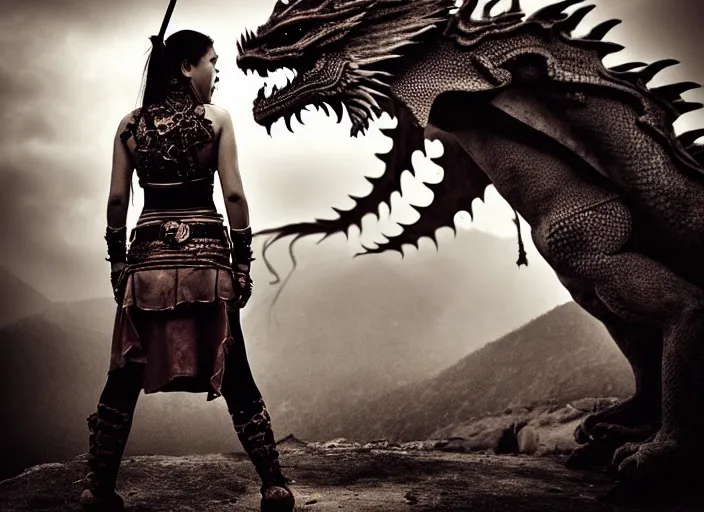 Prompt: scared female warrior who came only to look at the real dragon, symmetrical, cinematic, real photography