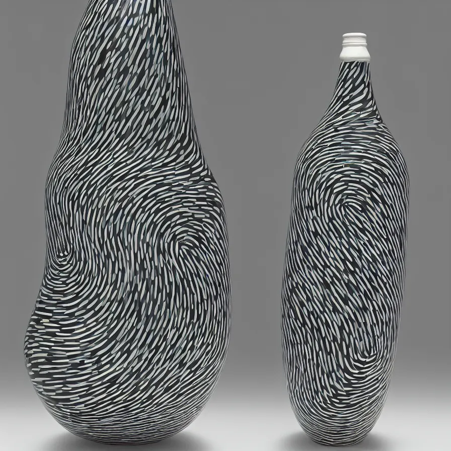 Prompt: beautiful gallery show studio photograph of a giant ceramic sculpture of a bottle, glazed by bridget riley and victor vasarely, placed on a polished wooden table, hyperrealism 8 k trending on artstation