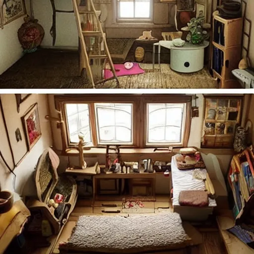 Image similar to the inside of a small cottage, studio ghibli, small details, cozy atmosphere, warm lighting