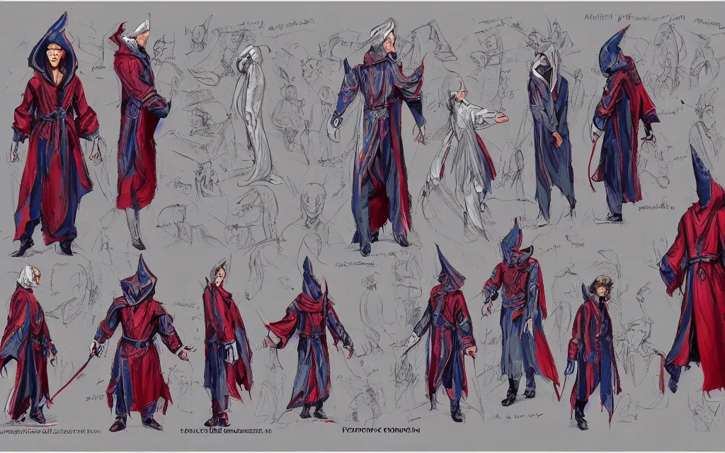 Prompt: traditional character design sheet, cinematic clean concept art of a vivid vibrant male magician wizard, potion belt, robes, hood, character reference sheet, photorealistic, hyperdetailed, art by frank frazetta, artsation, 8k,