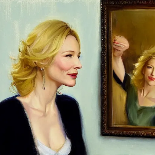 Image similar to cate blanchett in low-cut blouse in front of a mirror, painting by Vladimir Volegov