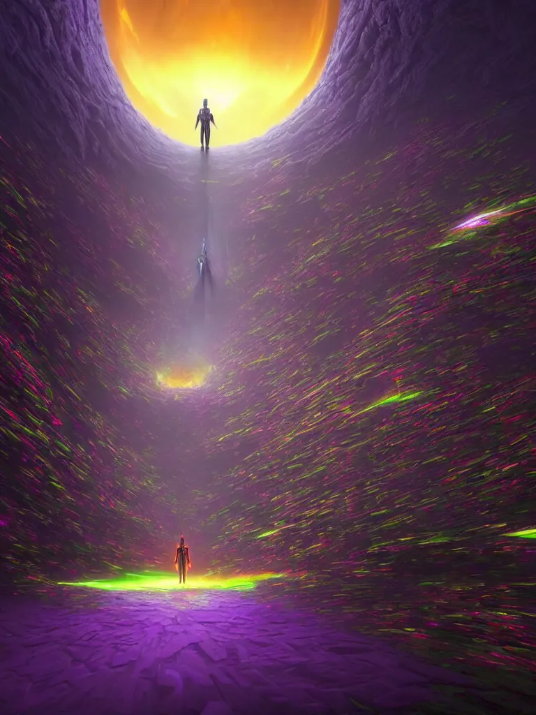 Image similar to entrance to ethereal realm, humans and robots, rendered in unreal engine, central composition, symmetrical composition, dreamy colorful cyberpunk colors, 6 point perspective, fantasy landscape with anthropomorphic!!! terrain!!! in the styles of igor morski, jim warren, and rob gonsalves, intricate, hyperrealistic, volumetric lighting, big sky, distinct horizon