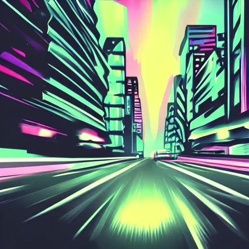 Image similar to grey RX-8 driving through stylized synthwave city night time beautiful