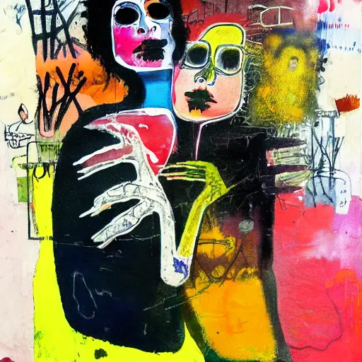 Image similar to watercolor painting of two bizarre psychedelic punk women kissing each other closeup in a bar in japan, speculative evolution, mixed media collage by basquiat and jackson pollock, maximalist magazine collage art, sapphic art, lesbian art, chemically damaged