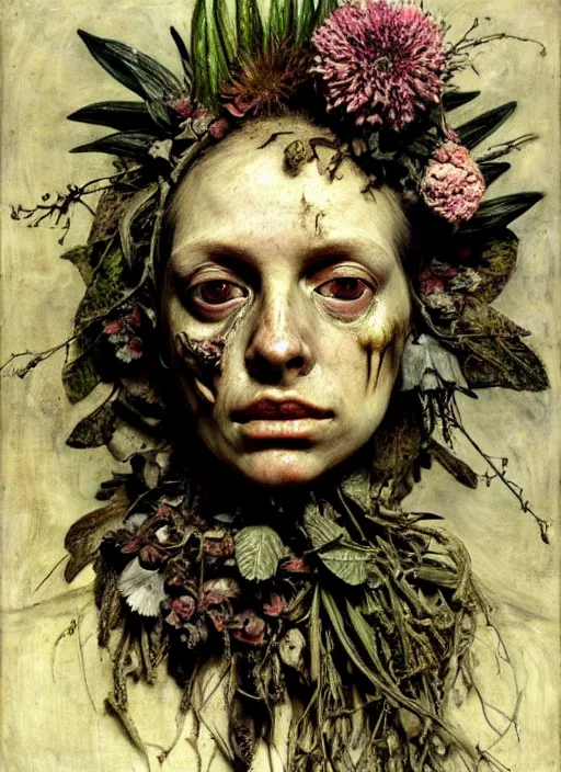 Prompt: beautiful and detailed rotten woman made of plants and many different types of flowers, muscles, intricate, organs, ornate, surreal, john constable, guy denning, gustave courbet, caravaggio, romero ressendi