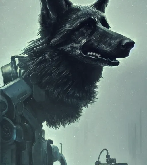 Image similar to studio portrait of furry anthro anthropomorphic german shepard head animal person fursona exposed machinery extremely detailed robot human android body military droid cybernetic cyberpunk digital art by Greg Rutkowski, Simon Stalenhag, trending on Artstation, CGSociety