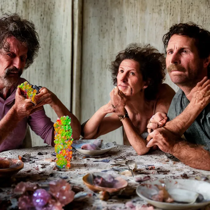 Prompt: closeup portrait of a couple eating colorful crystal geodes at a dining table, in a desolate abandoned house, by Annie Leibovitz and Steve McCurry, natural light, detailed face, CANON Eos C300, ƒ1.8, 35mm, 8K, medium-format print