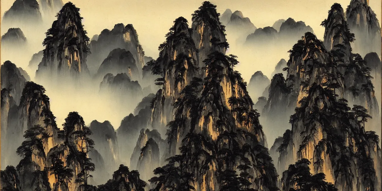 Image similar to the taoist temples of huangshan, landscape painting by peder balke