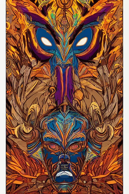 Image similar to animal mask totem roots flower tribal feather gemstone plant wood rock shaman vodoo video game vector cutout illustration vivid multicolor borderlands comics by josan gonzales and dan mumford radiating a glowing aura