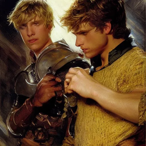 Image similar to attractive male, arthur pendragon who has blond hair confesses his love to attractive male, merlin who has dark hair. highly detailed painting by gaston bussiere, craig mullins, j. c. leyendecker 8 k