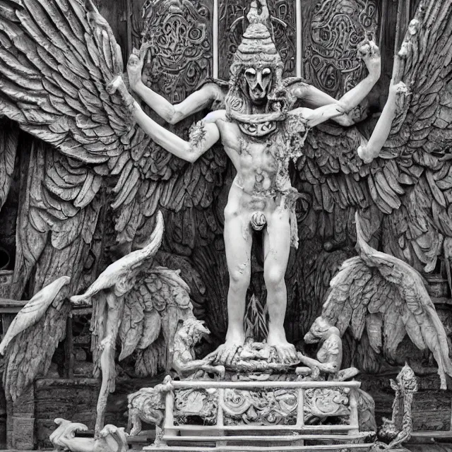 Prompt: temple made of flesh, baphomet statue at the center, angel statues, 8 0's horror movie film still, highly detailed, symmetry, award - winning photography, 1 2 0 mm