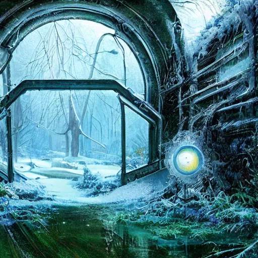 Image similar to frozen derelict portal in a middle of a snowy lush futuristic forest, green lush world seen only through a portal, daylight, cinematic lighting, blue sky, syd mead, john harris