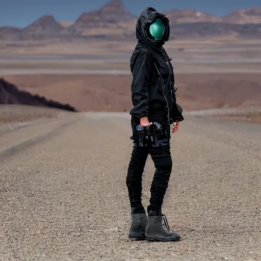 Image similar to photograph of a techwear woman, closeup, on a desert road with a futuristic city in the horizon, sigma 85mm f/1.4, 4k, depth of field, high resolution, 4k, 8k, hd, full color