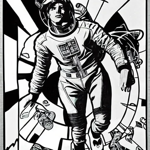 Prompt: a man resembling sebastian stan, floating in space. he is an astronaut, wearing a space suit. well composed, clean elegant painting, beautiful detailed face. comic book art by steve ditko and jack kirby and ( alphonse mucha )