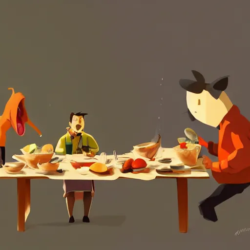 Prompt: goro fujita ilustration hikers eating around a table full of food, painting by goro fujita, sharp focus, highly detailed, artstation