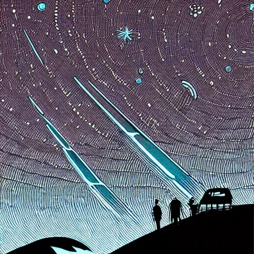 Prompt: very detailed, ilya kuvshinov, mcbess, rutkowski, illustration of an amazing meteor shower