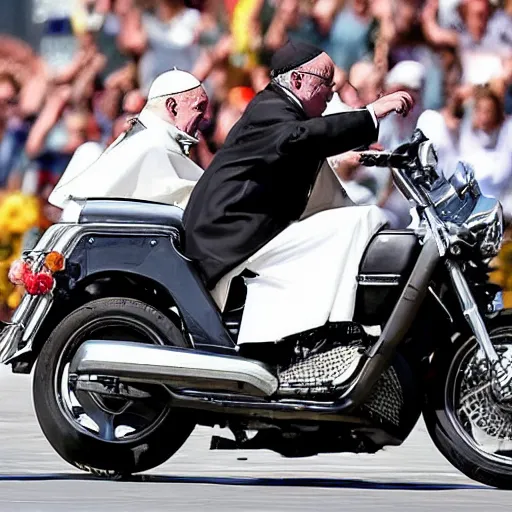 Prompt: pope francis doing a wheelie on a motorcycle with one hand and behind him muhammad