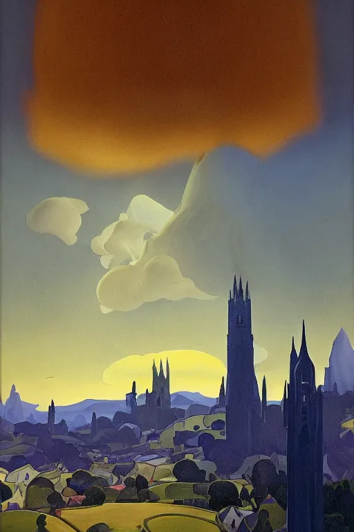 Image similar to view of the mysterious blue tower in its gardens after a storm, tall windows lit up, beautiful ornamental architecture, dramatic cinematic lighting, rich colors, by Nicholas Roerich and William Dyce and April Gornik and Caspar David Friedrich and Sylvain Sarrailh and Ludwig Deutsch and Diego Rivera, featured on artstation