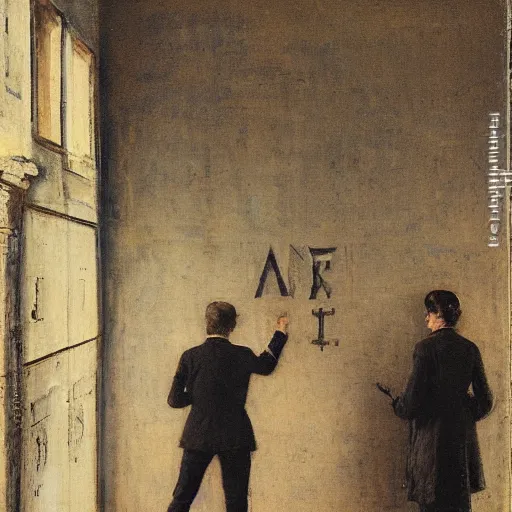 Image similar to gentleman and woman studying a wall full of occult symbols by alfred stevens