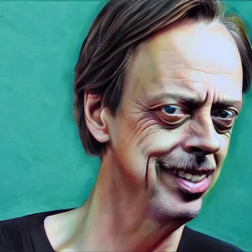 Image similar to Steve Buscemi, smooth painting, art, detailed, colorful, smiling, beautiful hair, deep look, intense atmosphere