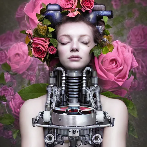 Prompt: a beautiful intricate fine art portrait photo of a a mechanical industrial steampunk cybernetic robot taking a milk bath surrounded by roses, by tom bagshaw and zach sutton, perfection!, milk bath photography, studio lighting, 35mm lens, very detailed, bionic, cybernetic scifi, deep depth of field, artstation, 8K, highly coherent