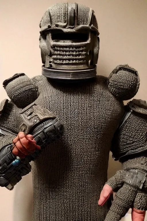 Image similar to knitted power armor from fallout lies on the couch