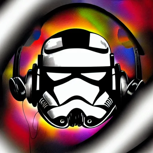 Image similar to svg sticker of a Pop-Wonder Storm-Trooper-Mandolorian-Helmet-Head-Hero-Villain at a rave, spinning records, giant headphones rocking out, wearing headphones, huge speakers, dancing, rave, DJ, spinning records, digital art, amazing composition, rule-of-thirds, award-winning, trending on artstation, featured on deviantart