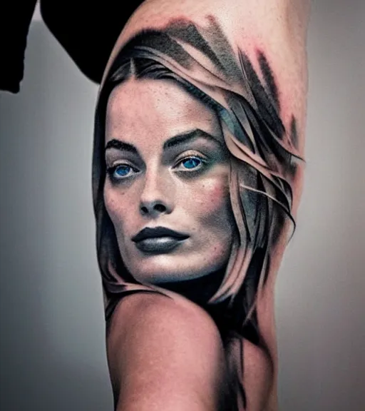 Image similar to tattoo design sketch double exposure of margot robbie faded with beautiful mountain scenery, creative mash up, in the style of arlo dicristina, surrealist, amazing detail, sharp