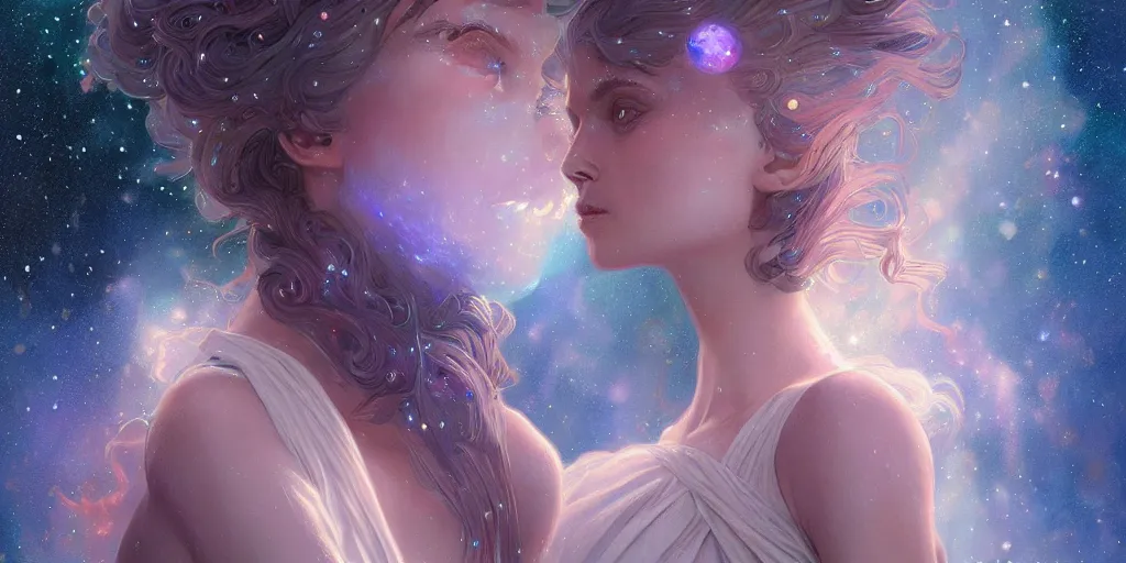 Image similar to girl wearing a dress made out of the nebula, ultra realistic illustration, alanis guillen, intricate, elegant, highly detailed, digital painting, artstation, concept art, smooth, sharp focus, illustration, art by artgerm and greg rutkowski and alphonse mucha