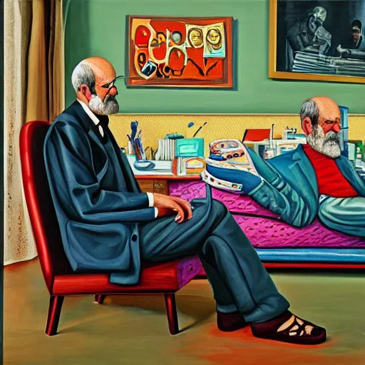 Prompt: kenny scharf painting of sigmund freud with a patient in his office, the patient is lying on a divan, beautiful, 8 k