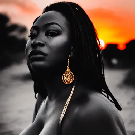 Image similar to portrait face of a curvy beautiful gorgeous black edgy model girl, bikini, big lips, she's mad, sunset, street of africa at night, 8 0 mm lens, 1. 2 aperture, grainy image, close up, cinematic light, 8 k, 4 k, very detailed, depressing atmosphere, cover magazine