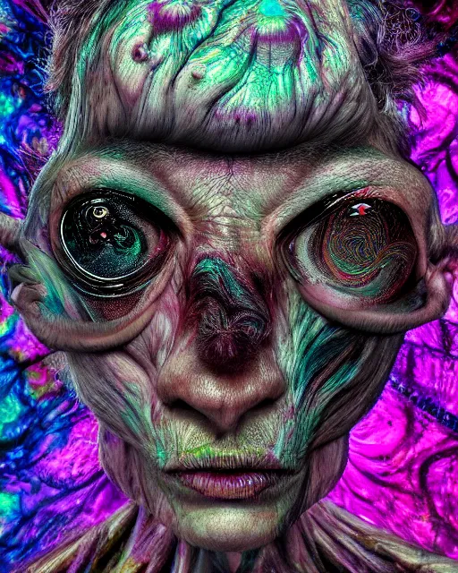 Image similar to realistic portrait of a creature experiment gone wrong, psychedelic, dark art, facing camera, photo realistic, detailed, 1 4 5 0, delicate, hyper realism, ultra realistic, 8 k