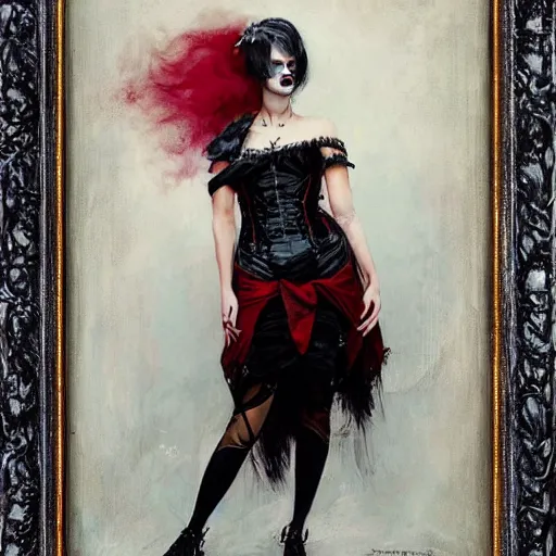 Image similar to solomon Joseph Solomon and Richard Schmid and Jeremy Lipking victorian genre painting portrait painting of a young beautiful woman Margot Robbie punk rock goth with punk rock haircut in fantasy costume, red background