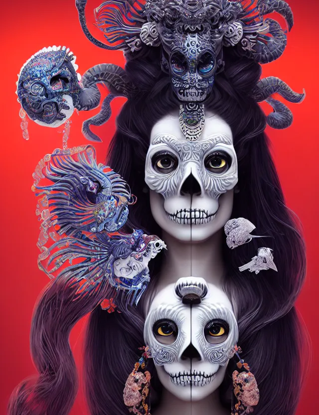 Image similar to 3 d goddess skull half - turn portrait with long hair with ram skull. beautiful intricately detailed japanese crow kitsune mask and clasical japanese kimono. betta fish, jellyfish phoenix, bio luminescent, plasma, ice, water, wind, creature, artwork by tooth wu and wlop and beeple and greg rutkowski