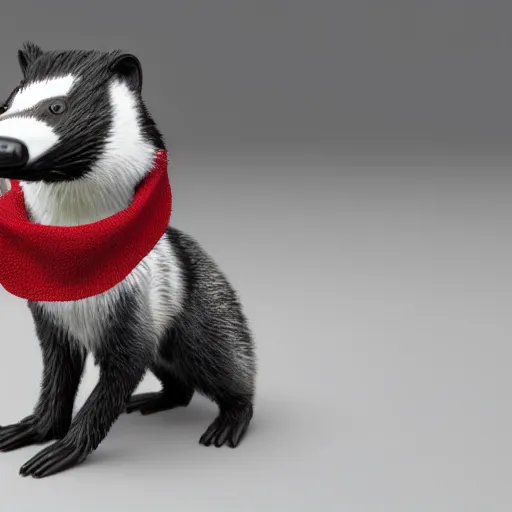 Image similar to a humanoid friendly badger walking on white background towards the camera, he‘s wearing a red neckerchief, clean digital render