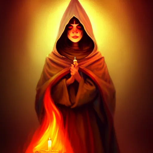 Image similar to ( a priestess with a hood that covers half her face carries an incense burner that emits a pleasantly colored flame. ) by anato finnstark, dream, full body portrait, dynamic lighting, beautiful, trending on artstation, wallpaper, 4 k, award winning, digital art, very detailed faces