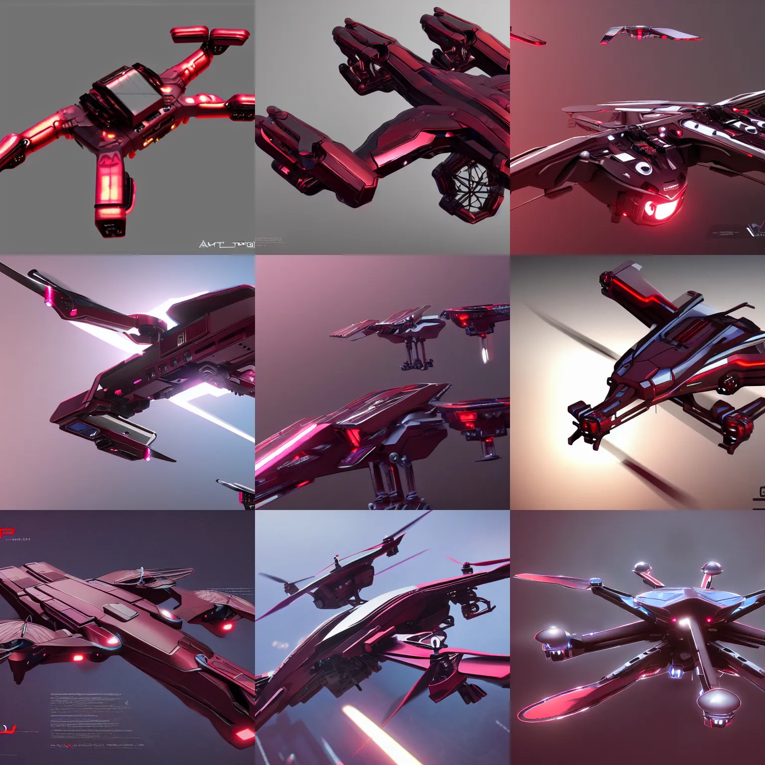 Prompt: concept art for a quadcopter drone, maroon accents, metallic reflections, gorgeous soft lighting, cyberpunk, star citizen, trending on artstation, smooth, origin jumpworks