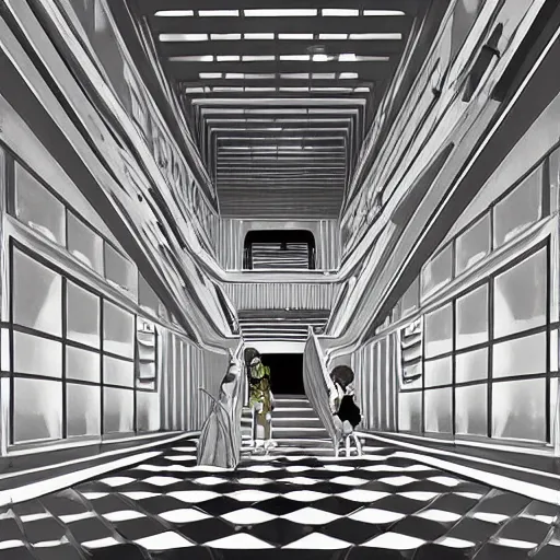 Image similar to a slimegirl in a bright white hallway with many doors and many stairs, Mc Escher architecture, epic composition, by Makoto Shinkai