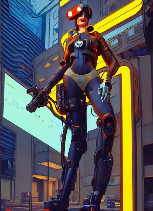 Image similar to powerful cyberpunk pilot. portrait by john philip falter and will eisner and gil elvgren and pixar. full body. realistic proportions. overwatch, rb 6 s, cyberpunk 2 0 7 7, blade runner 2 0 4 9 concept art. cel shading. thick lines.