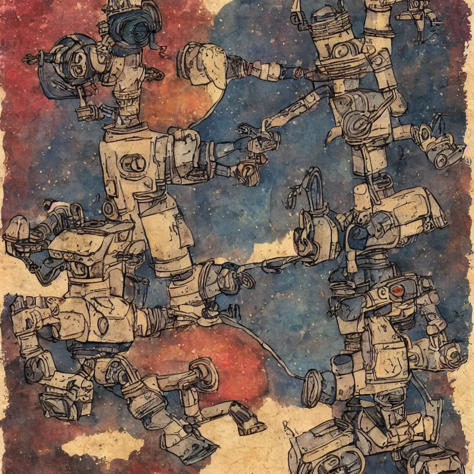 Image similar to a detailed illustration of a cute retro robot dog, alcohol inks on parchment, muted colors, detailed, textured parchment background, 1 9 5 0 s concept art