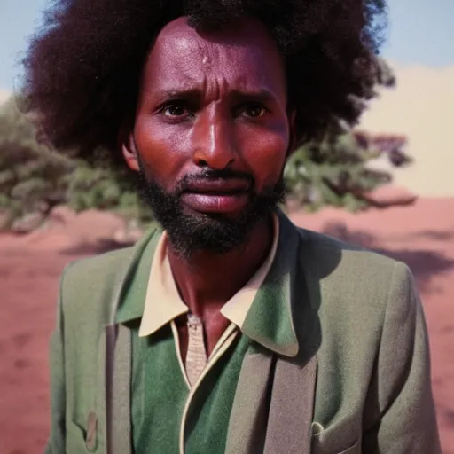 Image similar to a somali man with curly hair, in a movie still by wes anderson of a beautiful day on an island, visible magic energy, dream high fashion costumes, cinestill 8 0 0 t eastmancolor, high quality, heavy grain