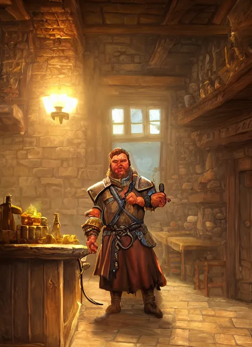 Image similar to tavern keeper in a tavern, ultra detailed fantasy, dndbeyond, bright, colourful, realistic, dnd character portrait, full body, pathfinder, pinterest, art by ralph horsley, dnd, rpg, lotr game design fanart by concept art, behance hd, artstation, deviantart, hdr render in unreal engine 5