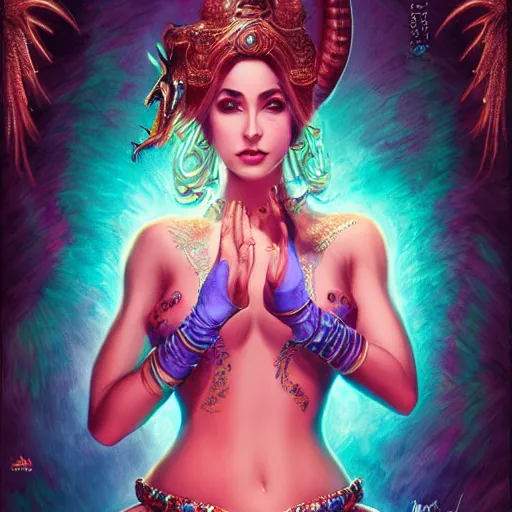 Image similar to photo of a cute female bellydancer dragon, anthropomorphic, sharp focus, illustration, ultra real, masterpiece, glowing holy aura by magali villeneuve and stanley artgerm lau, wlop,