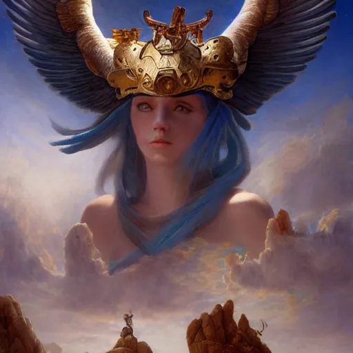 Image similar to Birth of Athena from the head of Zeus, hyperrealism, no blur, 4k resolution, ultra detailed, style of Jonathan Solter, Peter Mohrbacher, Alexander Trufanov, Finnian MacManus, Frank Frazetta, Albert Bierstadt