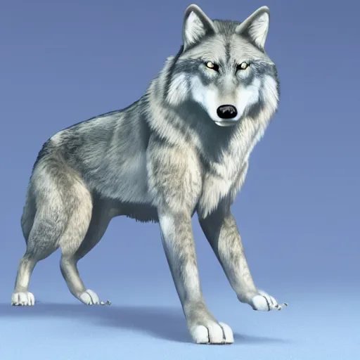 Image similar to 3 d render, well toned, large tall, female anthropomorphic wolf, blue fur with white spots, fur covering her chest.