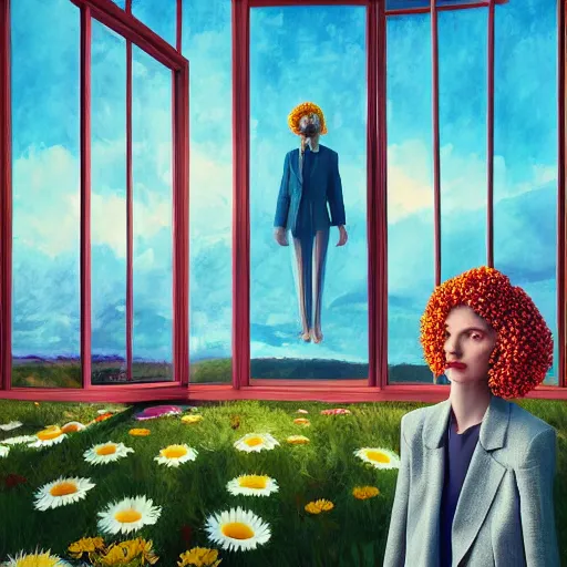 Prompt: big daisy flower head, woman in suit, standing next to modern window in luxury apartment, surreal photography, sunlight, impressionist painting, digital painting, artstation, simon stalenhag
