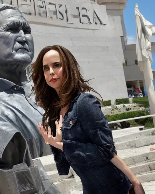 Image similar to Actress Eliza Dushku gets her picture taken in front of the waving George w. Bush statue in Fushë Kruje's main square during a trip to Albania, photographed in the style of National Geographic