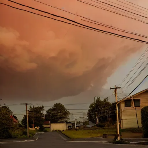 Image similar to low angle, pink golden clouds, blue sky, golden hour, telephone lines, thunder storm, detailed, photograph, award wining, trending on artstation, 4k, unreal engine 5, octane render, neon highlights