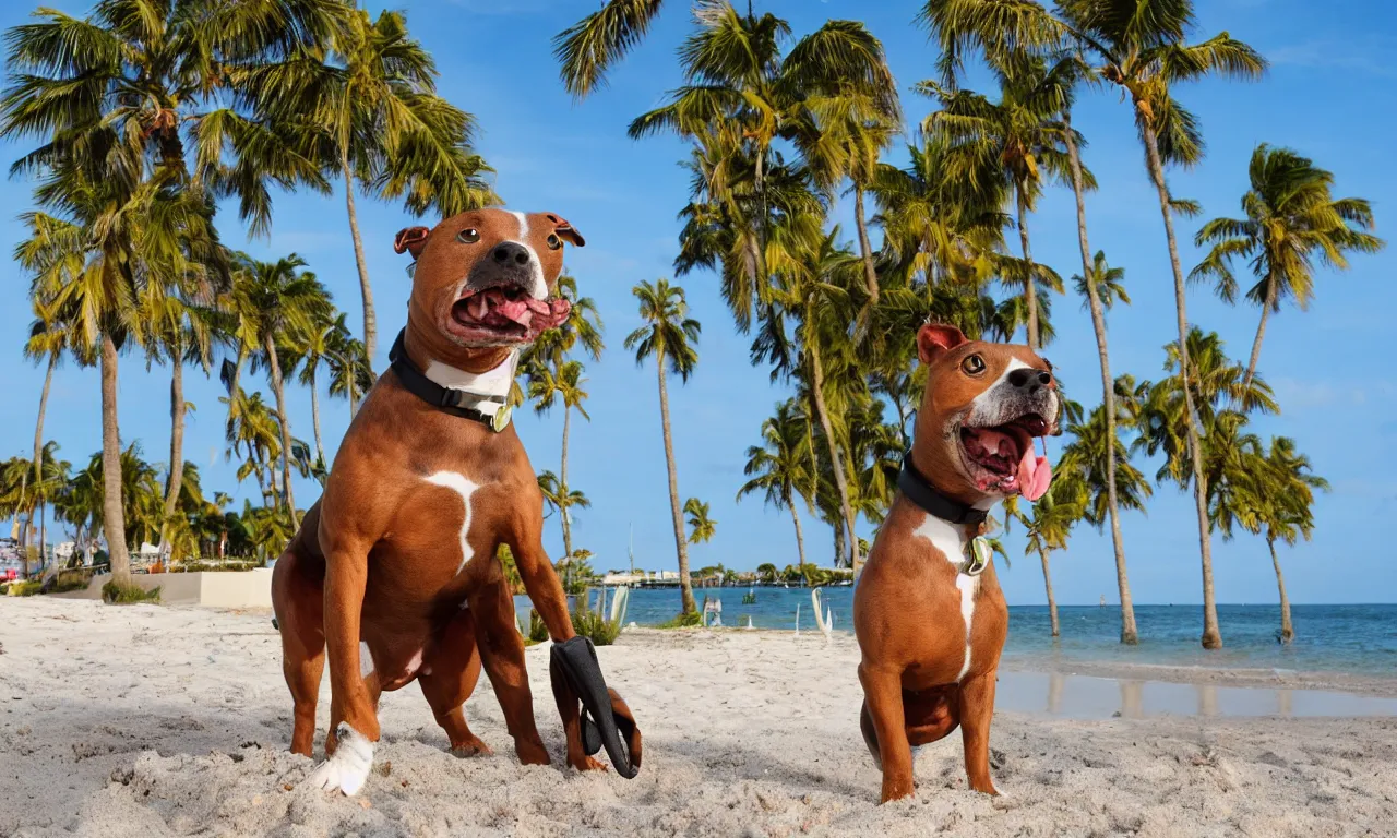 Image similar to an american pitpull terrier on an island beach with palm trees in the background